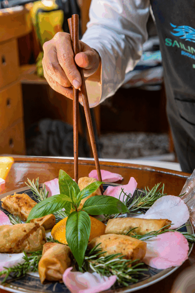 Golden imperial rolls aboard Sailing Edisa in Rhodes