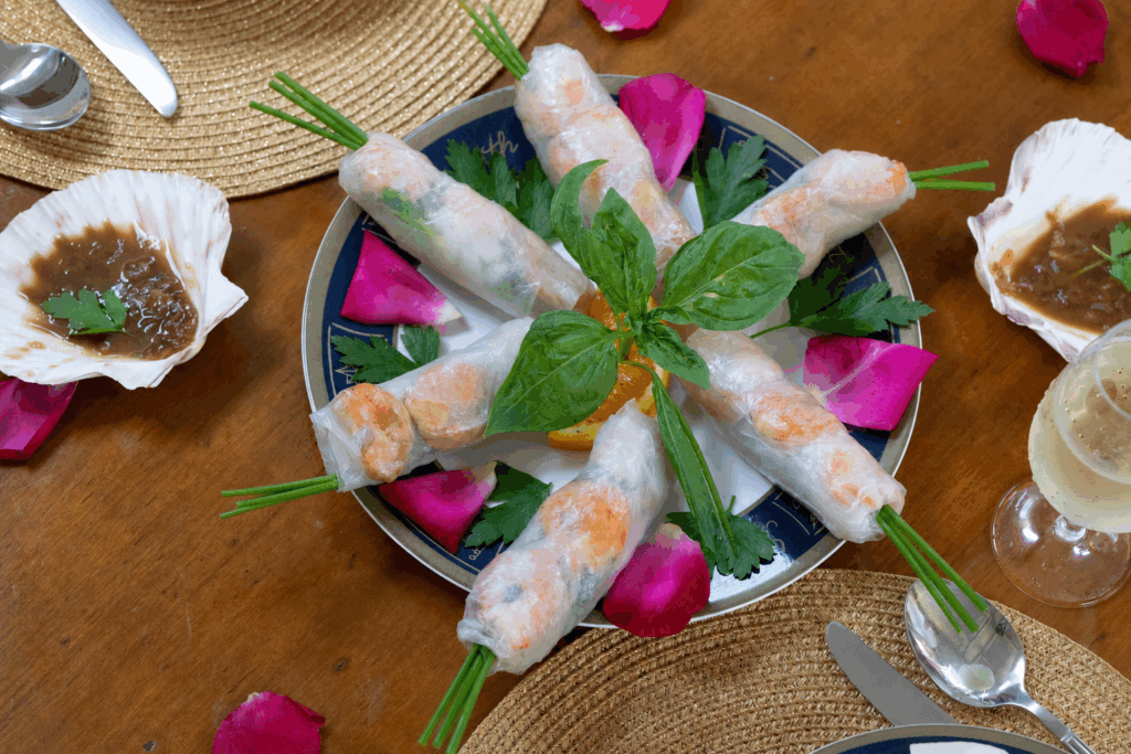 Fresh Vietnamese Spring Rolls with cooked prawns, rice noodles and Vibrant Garnishes & Chef Signature Sauce