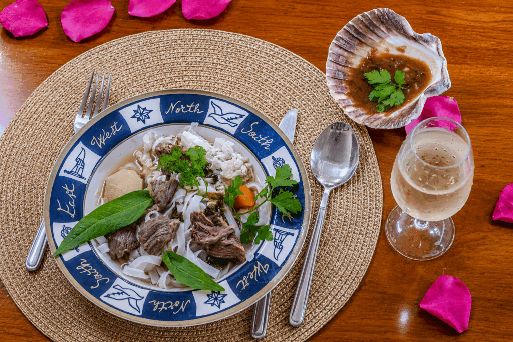 Silk Broth Phở Beef rice noodles. Hours of Slow Cooking, Aromatic Herbs & Fresh Garnishes from Edisa's garden